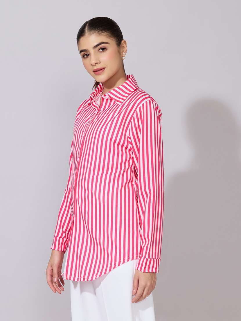 Women Striped Collared Long Sleeve Shirt - 22381091 -  Standard Image - 3