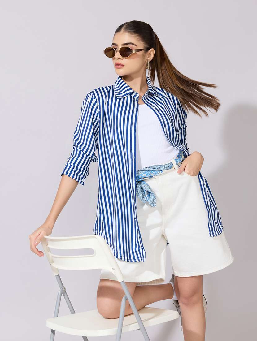 women striped collared long sleeve shirt