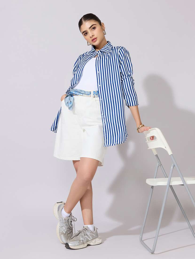 women striped collared long sleeve shirt - 22381093 -  Standard Image - 5