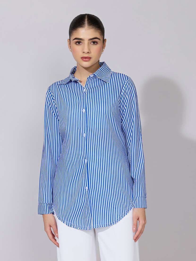 women striped collared long sleeve shirt - 22381094 -  Standard Image - 3