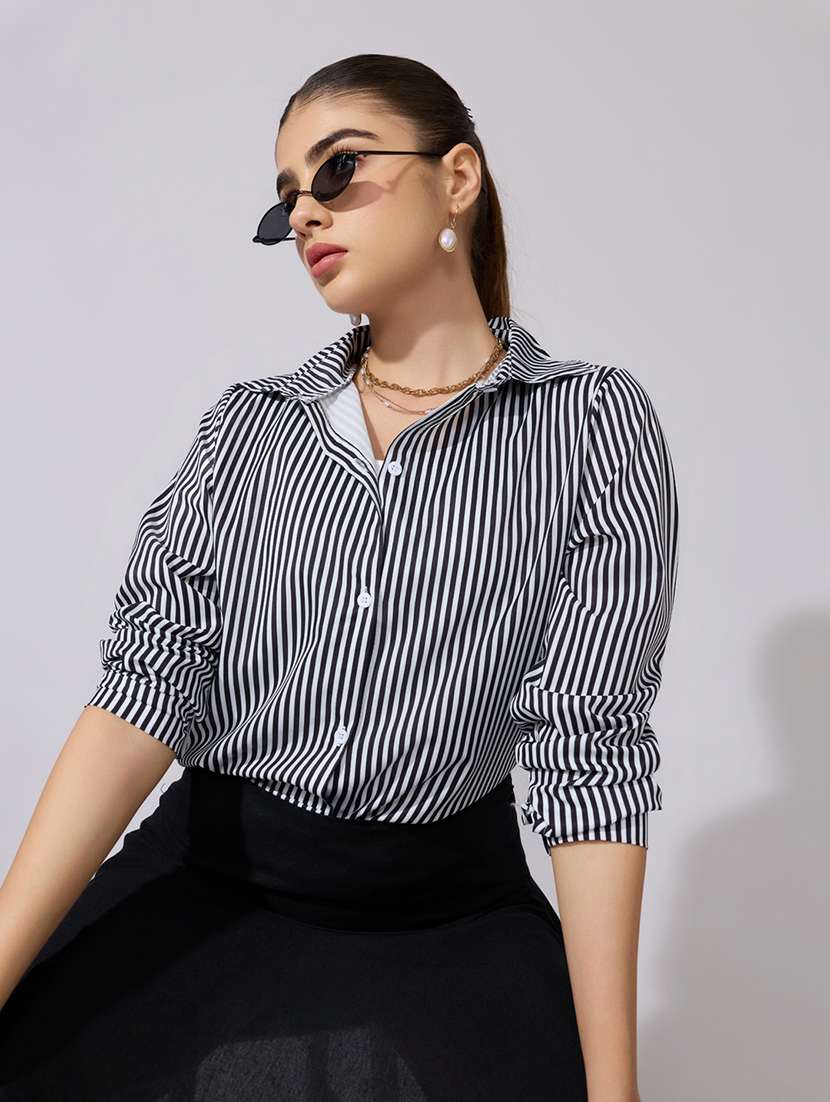 women striped collared long sleeve shirt
