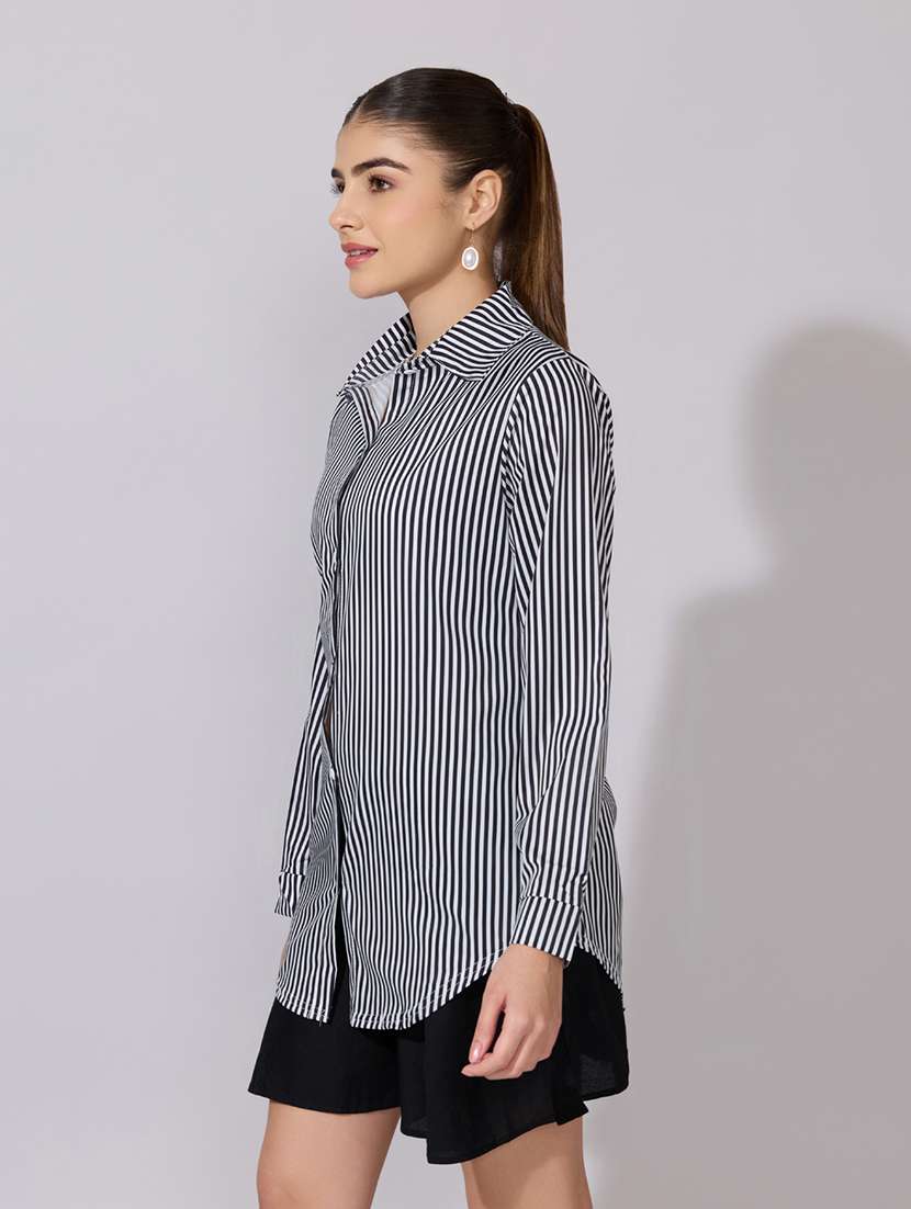 women striped collared long sleeve shirt - 22381095 -  Standard Image - 3