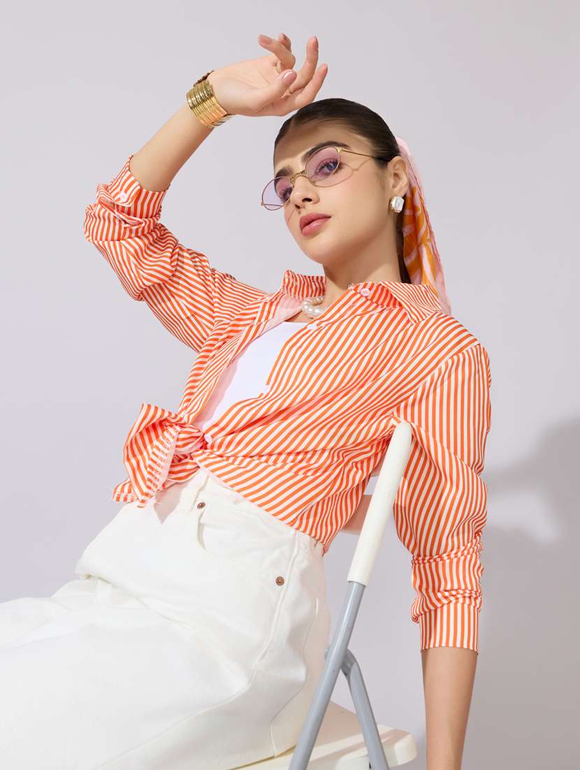 women striped collared long sleeve shirt
