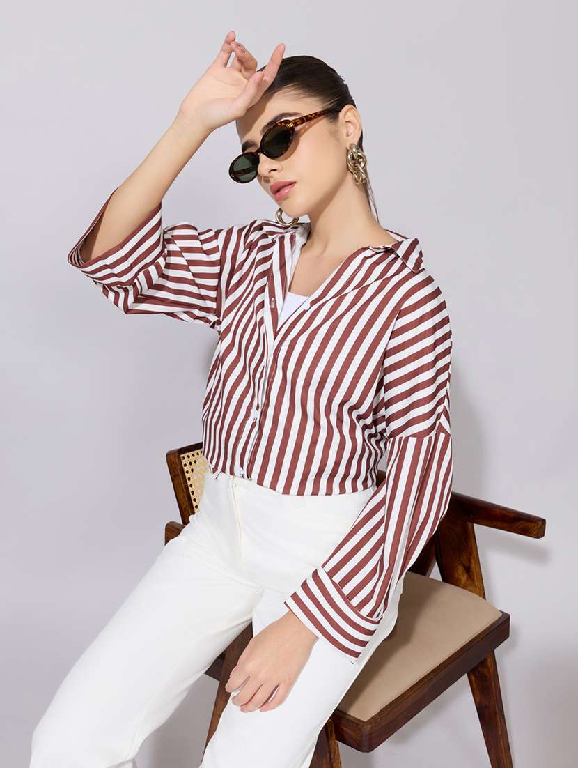 women striped collared long sleeve shirt