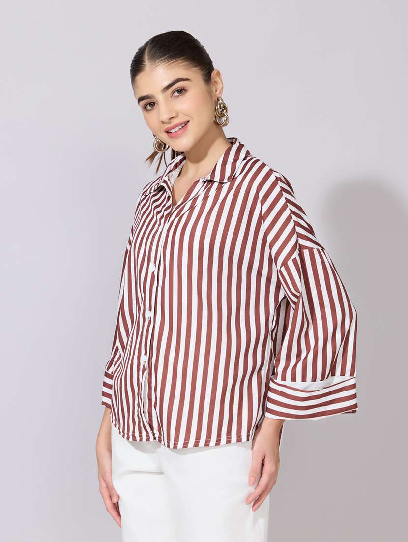 women striped collared long sleeve shirt - 22381098 -  Standard Image - 3