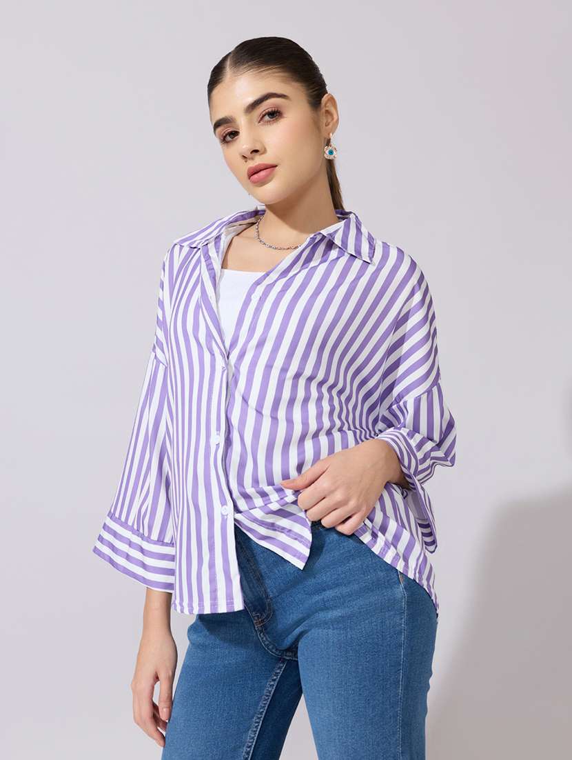 women striped collared long sleeve shirt