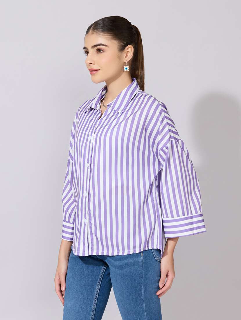 Women Striped Collared Long Sleeve Shirt - 22381099 -  Standard Image - 3