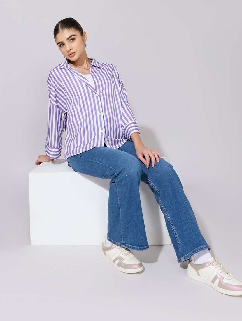 Women Striped Collared Long Sleeve Shirt - 22381099 -  Standard Image - 5