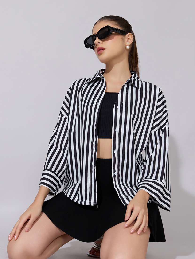women striped collared long sleeve shirt