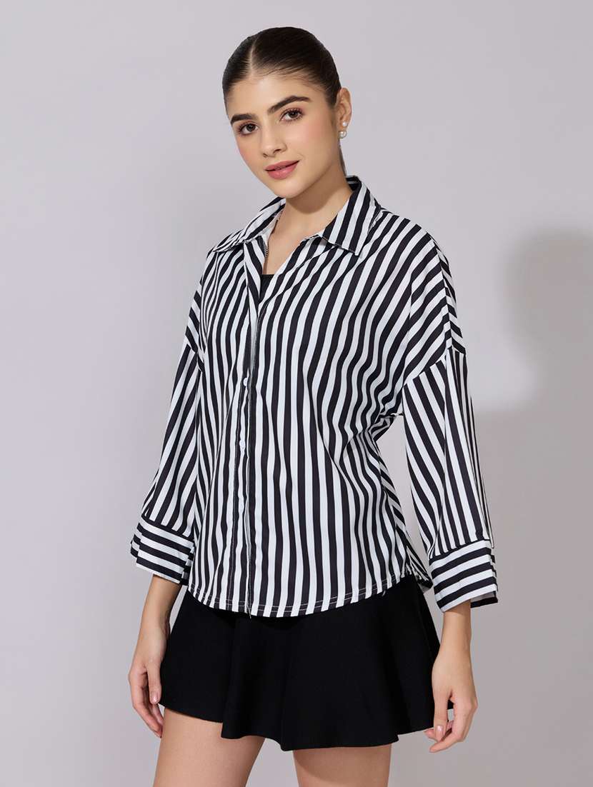 Women Striped Collared Long Sleeve Shirt - 22381100 -  Standard Image - 3