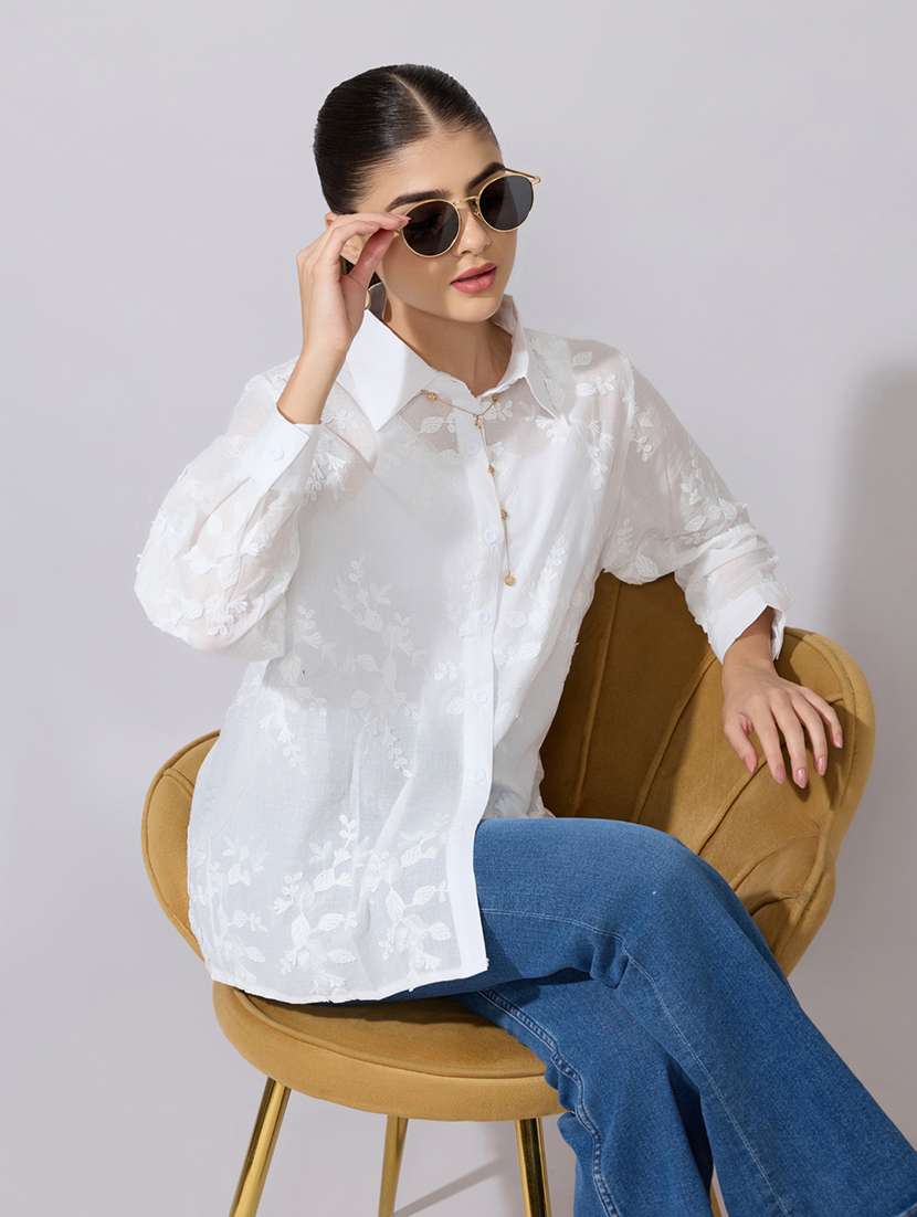 women embroidered collared long sleeve shirt
