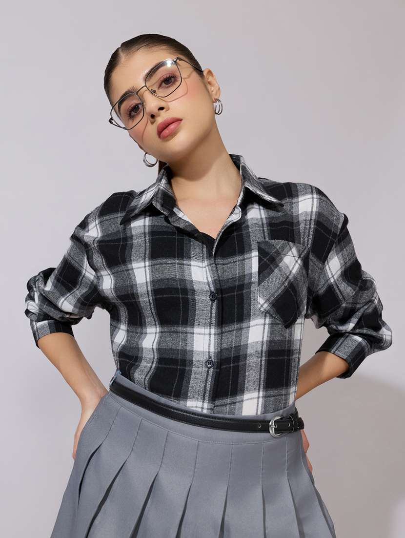 women checkered collared long sleeve shirt