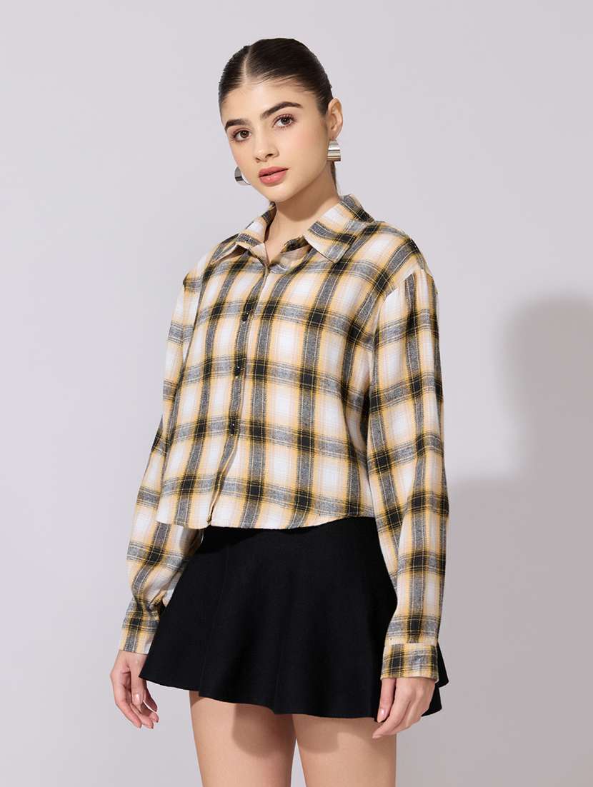 women checkered collared long sleeve crop shirt - 22381110 -  Standard Image - 3