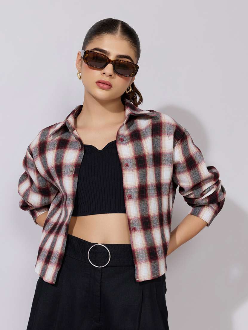 women checkered collared long sleeve crop shirt