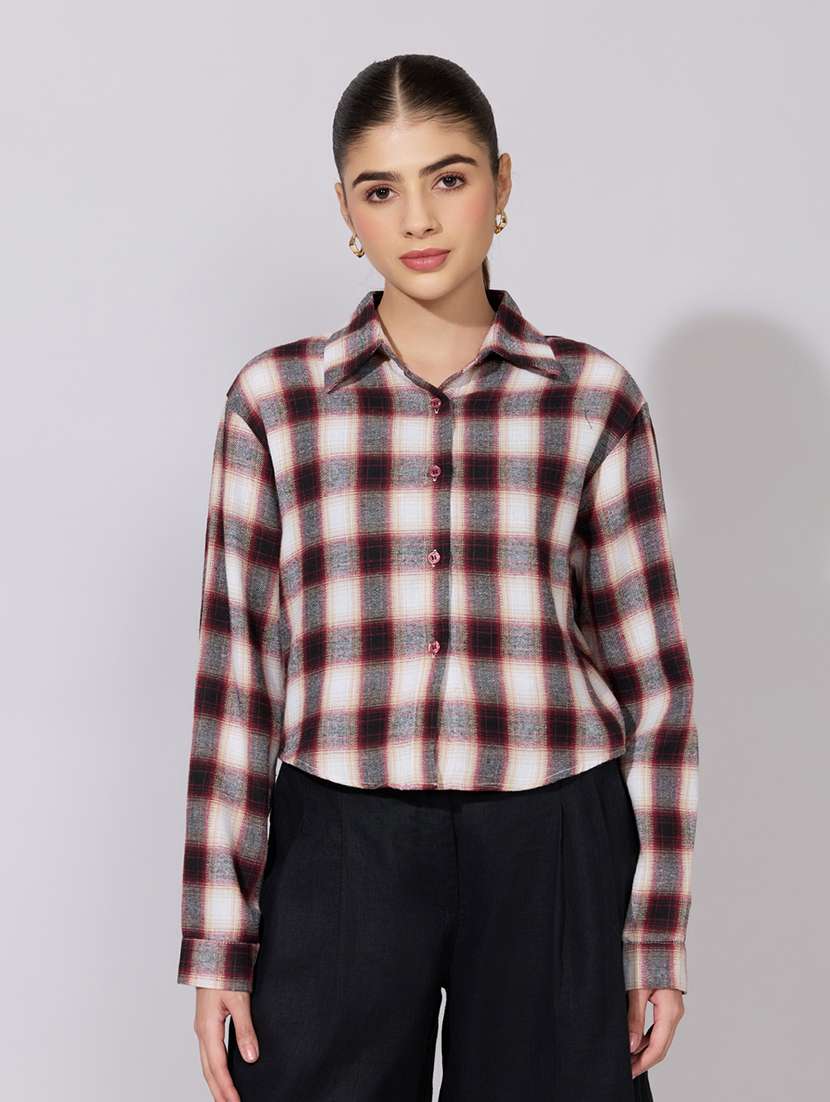 women checkered collared long sleeve crop shirt - 22381111 -  Standard Image - 3