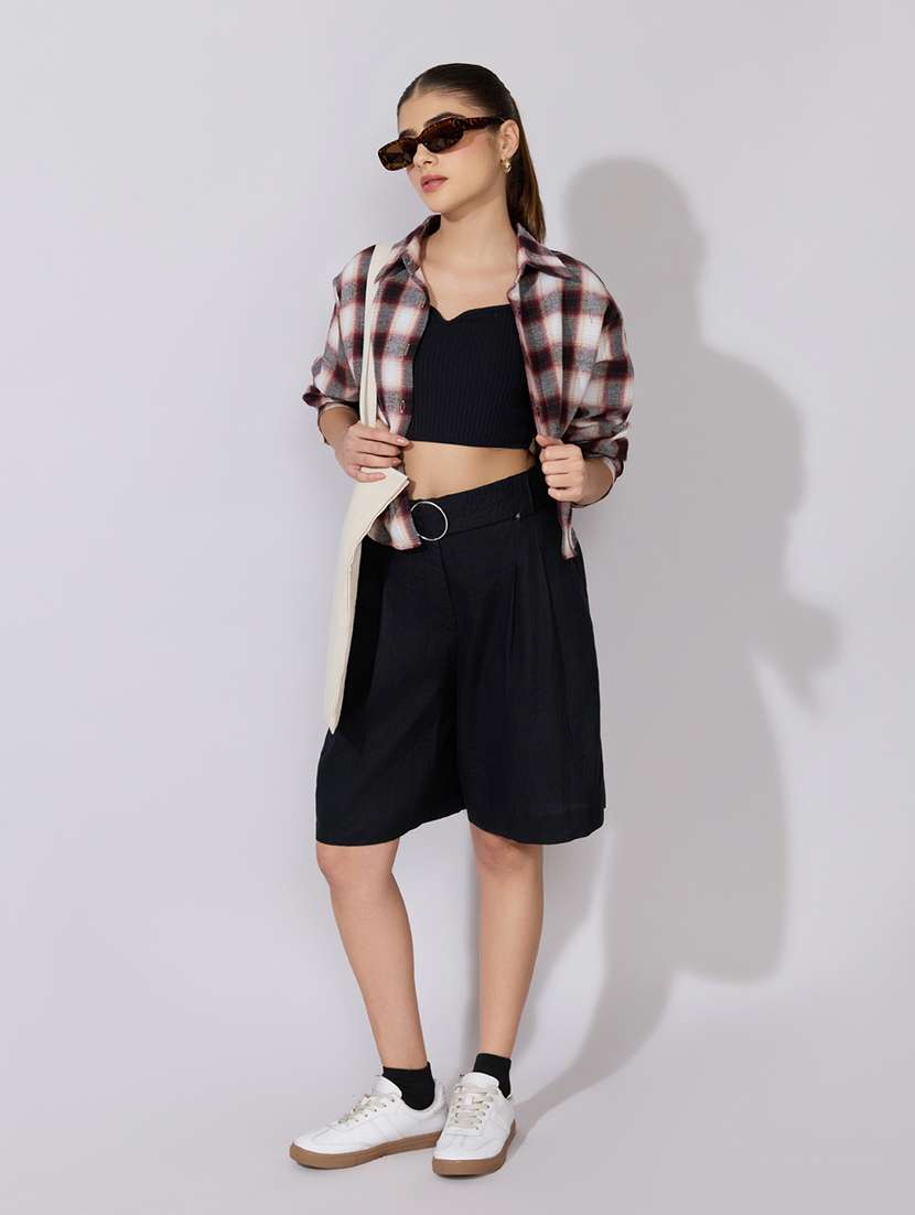 women checkered collared long sleeve crop shirt - 22381111 -  Standard Image - 5