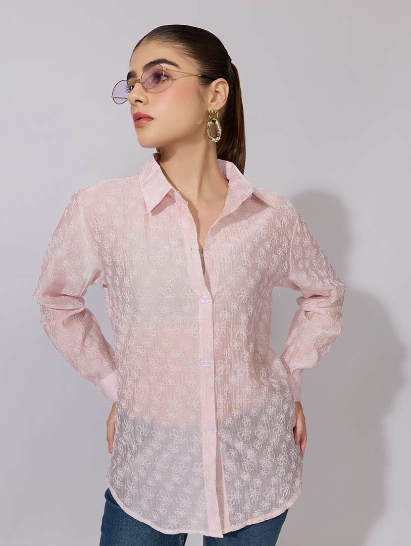 women embroidered collared long sleeve shirt