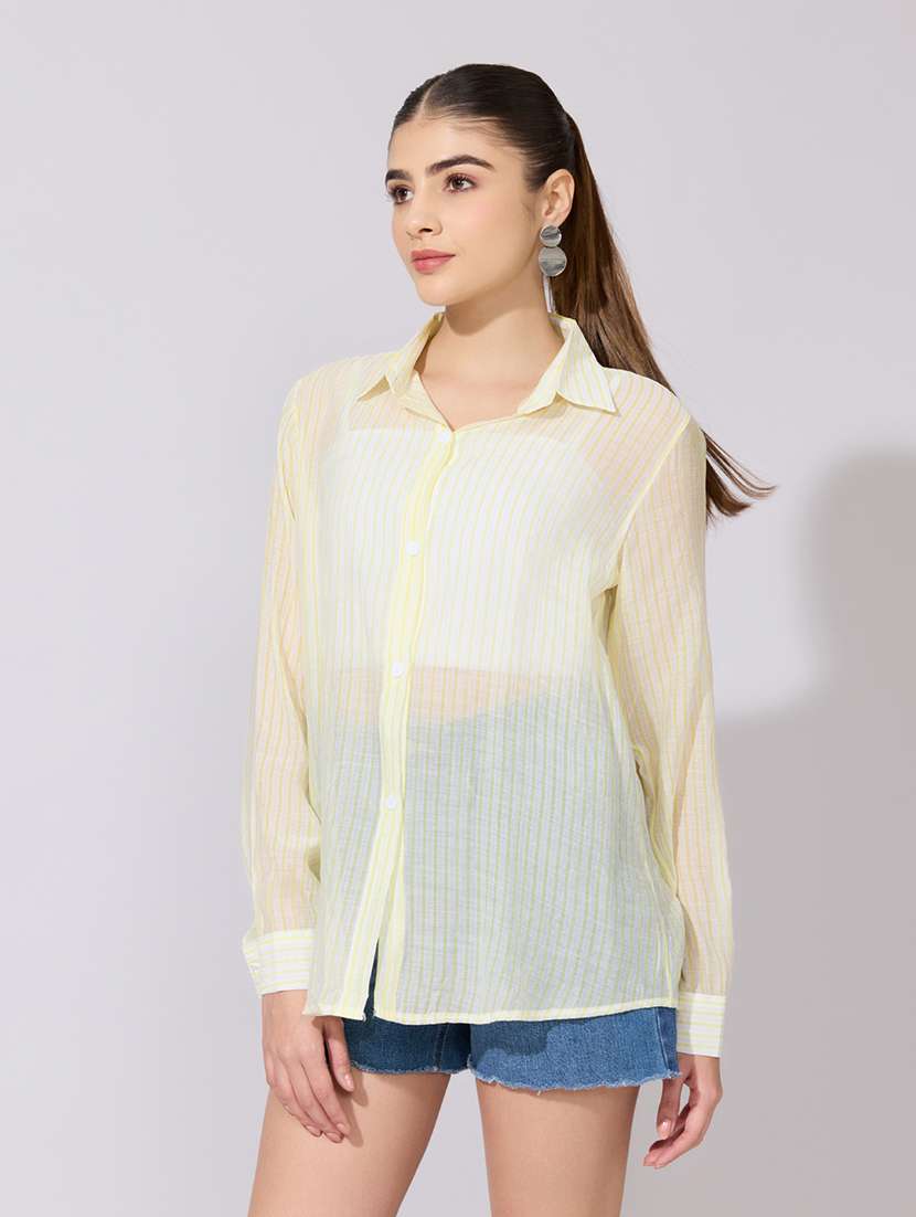 women striped collared long sleeve sheer shirt - 22381115 -  Standard Image - 3