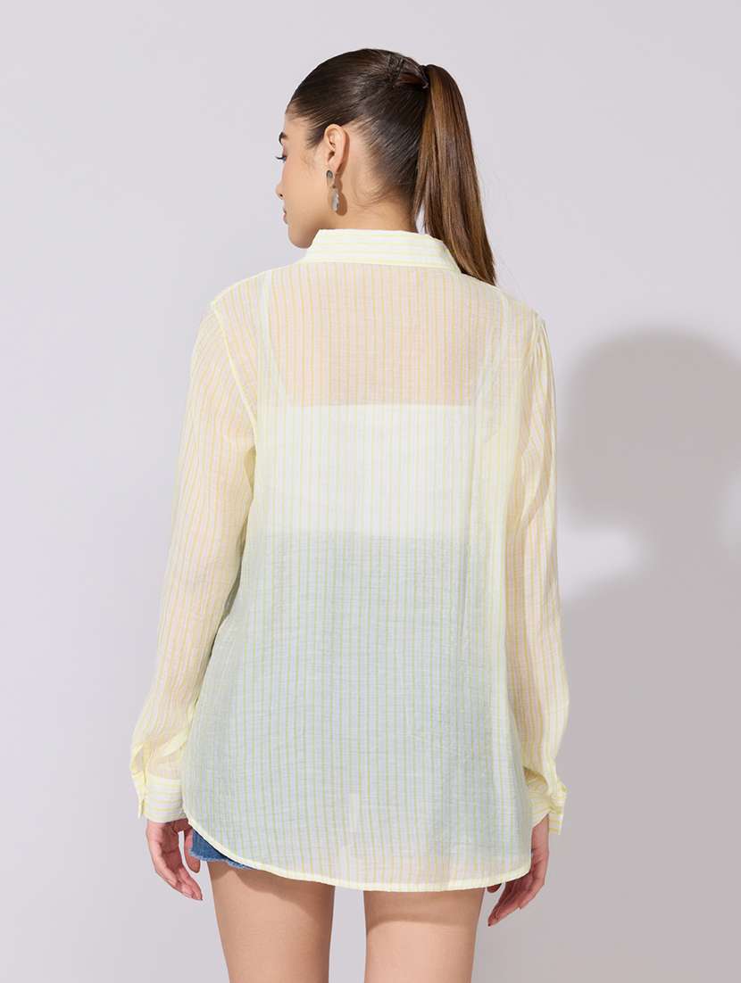 women striped collared long sleeve sheer shirt - 22381115 -  Standard Image - 5