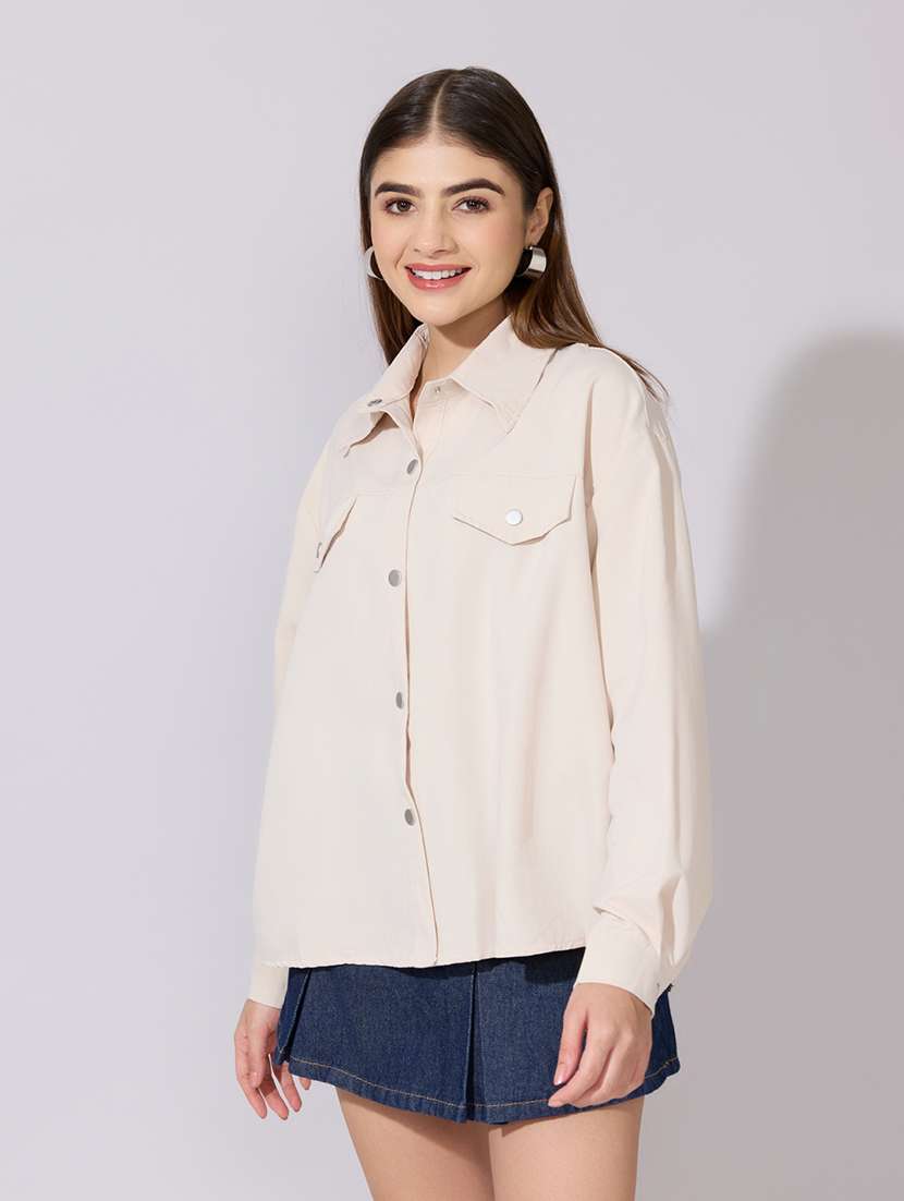 Women Solid Collared Long Sleeve Oversized Shirt - 22381116 -  Standard Image - 3