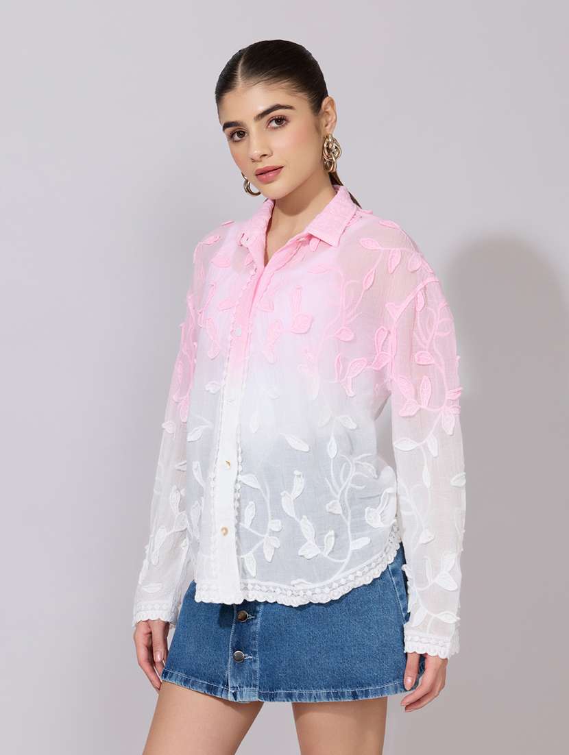 women embroidered collared long sleeve sheer shirt