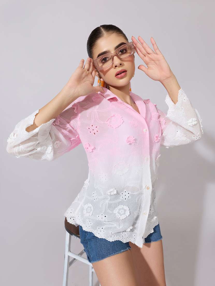 women embroidered collared long sleeve sheer shirt