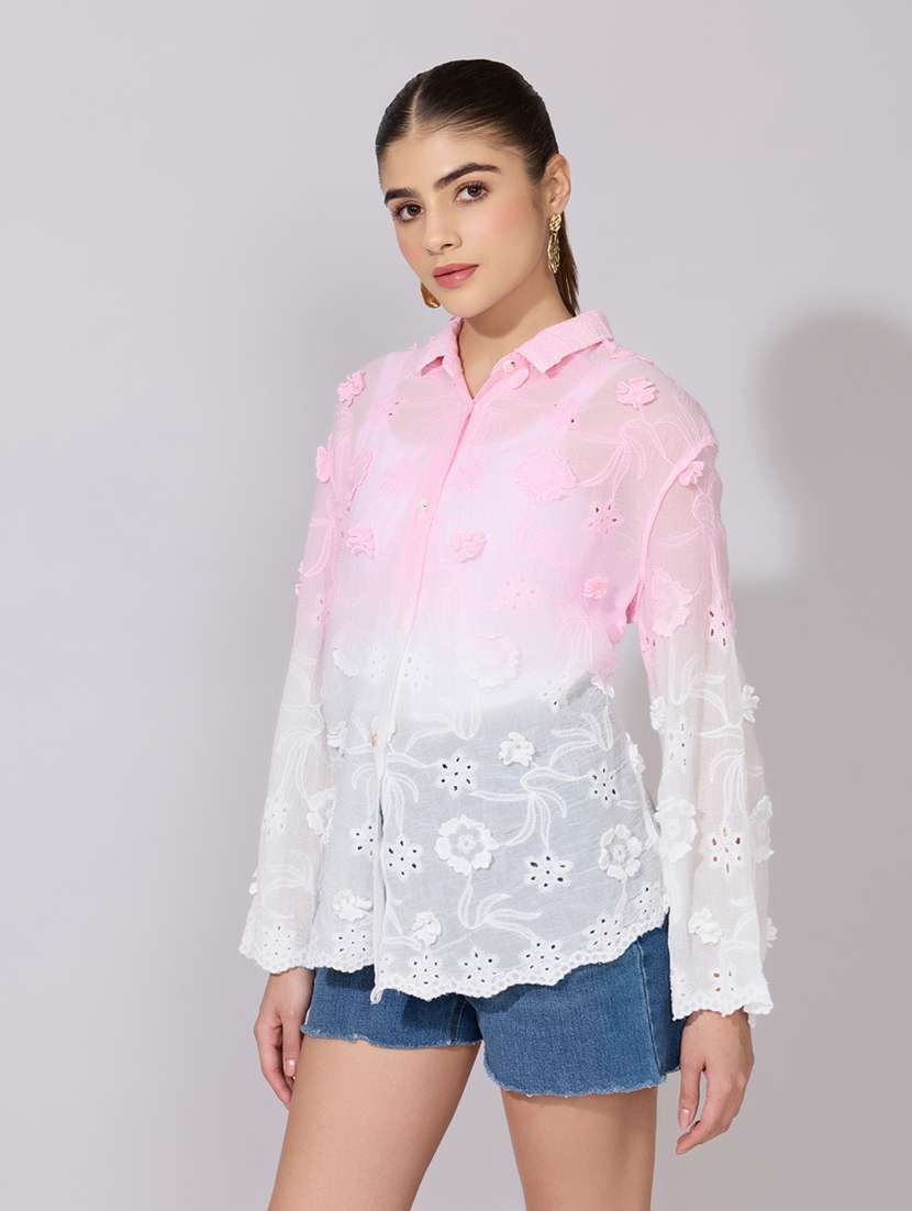 women embroidered collared long sleeve sheer shirt - 22381118 -  Standard Image - 3