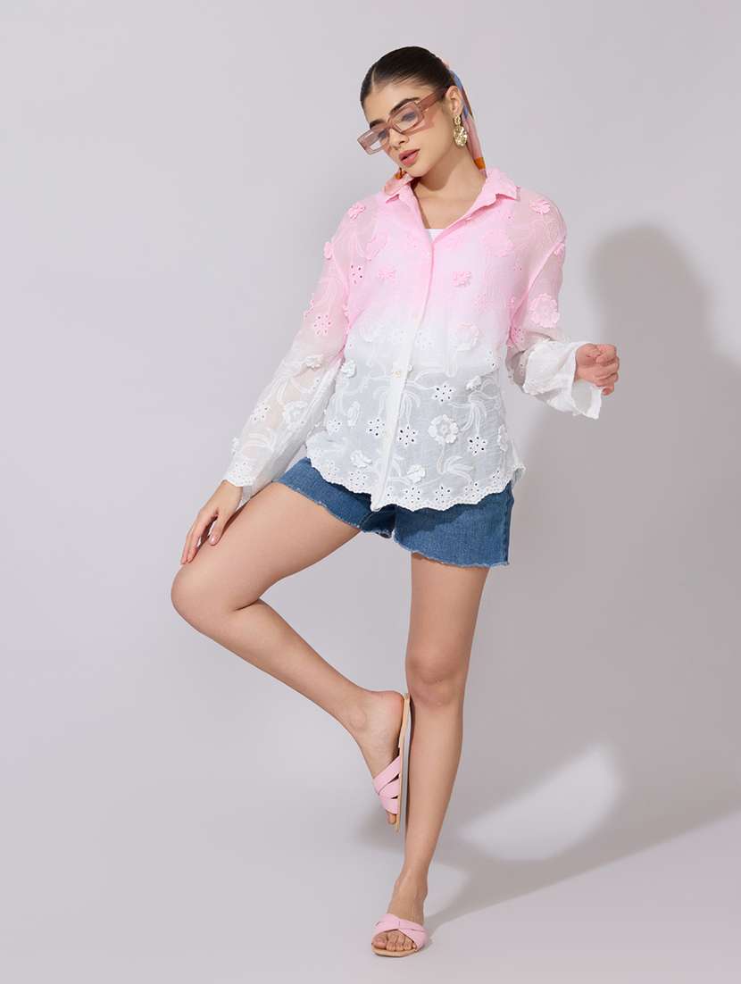 women embroidered collared long sleeve sheer shirt - 22381118 -  Standard Image - 5