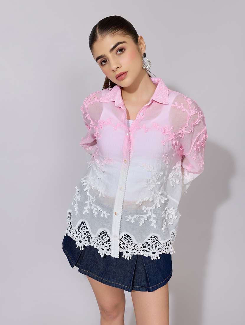 women embroidered collared long sleeve sheer shirt