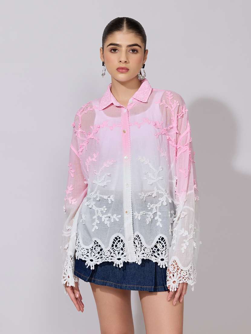 women embroidered collared long sleeve sheer shirt - 22381119 -  Standard Image - 3