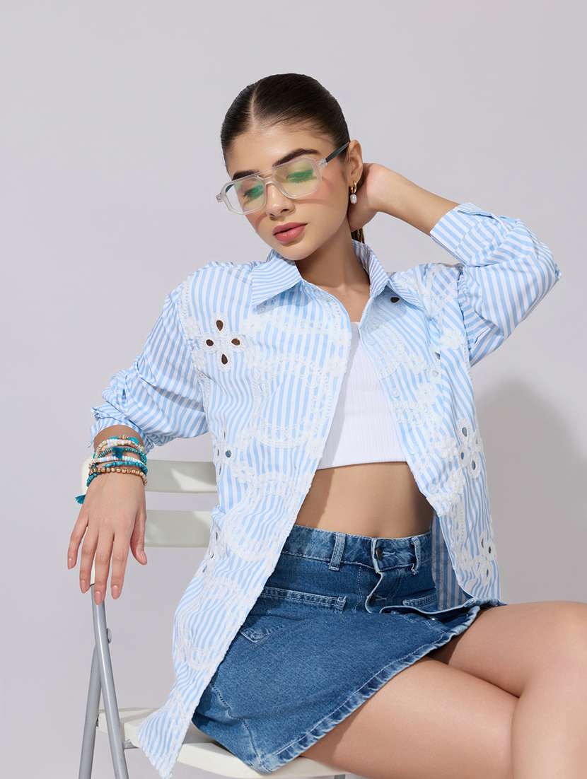 women embroidered collared long sleeve sheer shirt