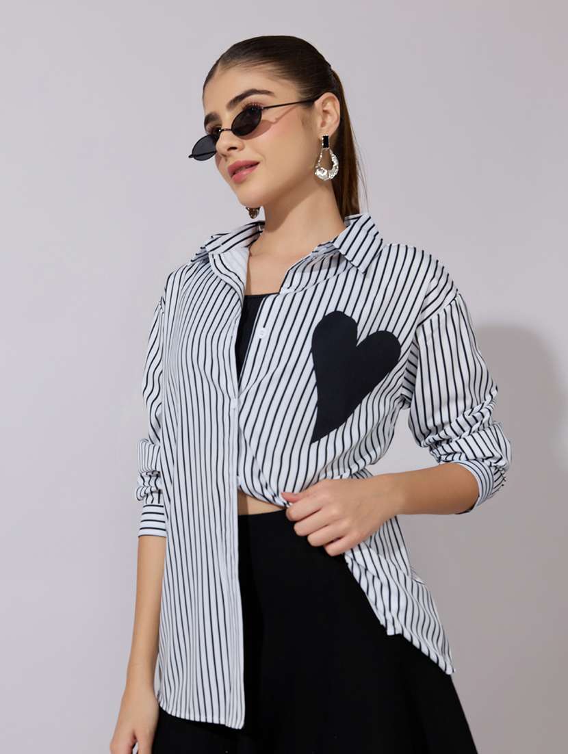 women striped collared long sleeve shirt