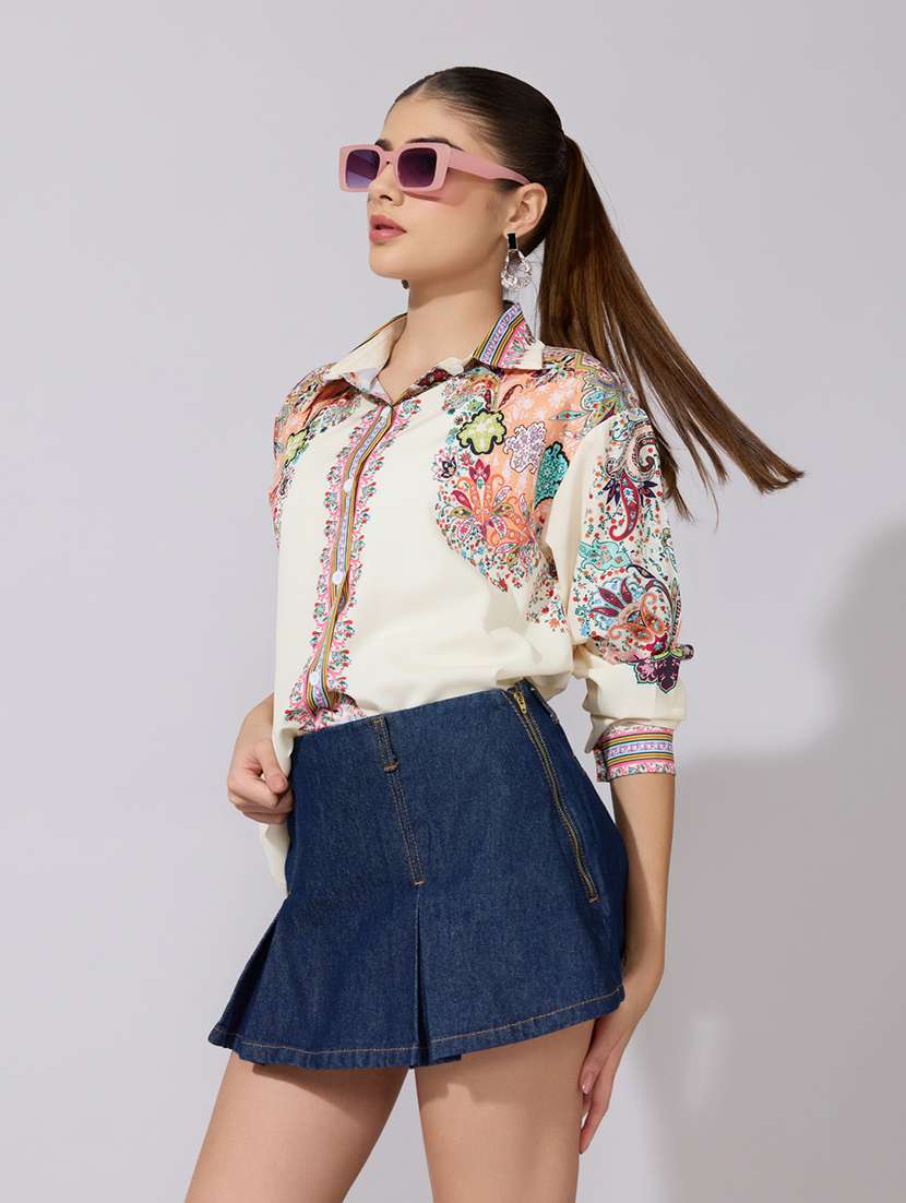 women printed collared long sleeve oversized shirt