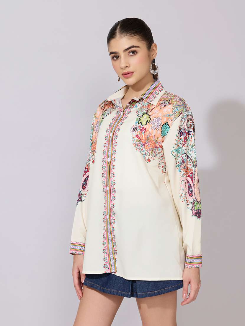 women printed collared long sleeve oversized shirt - 22381123 -  Standard Image - 3