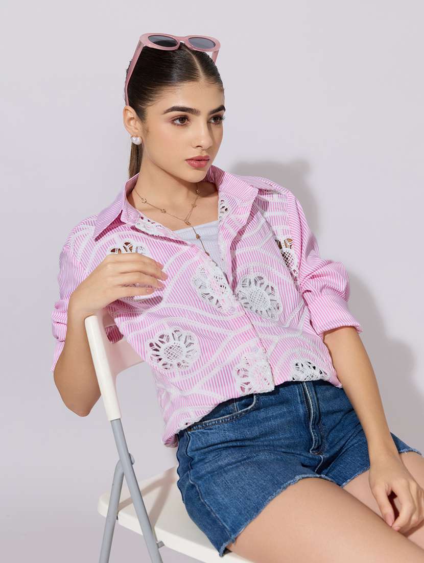 women embroidered collared long sleeve shirt