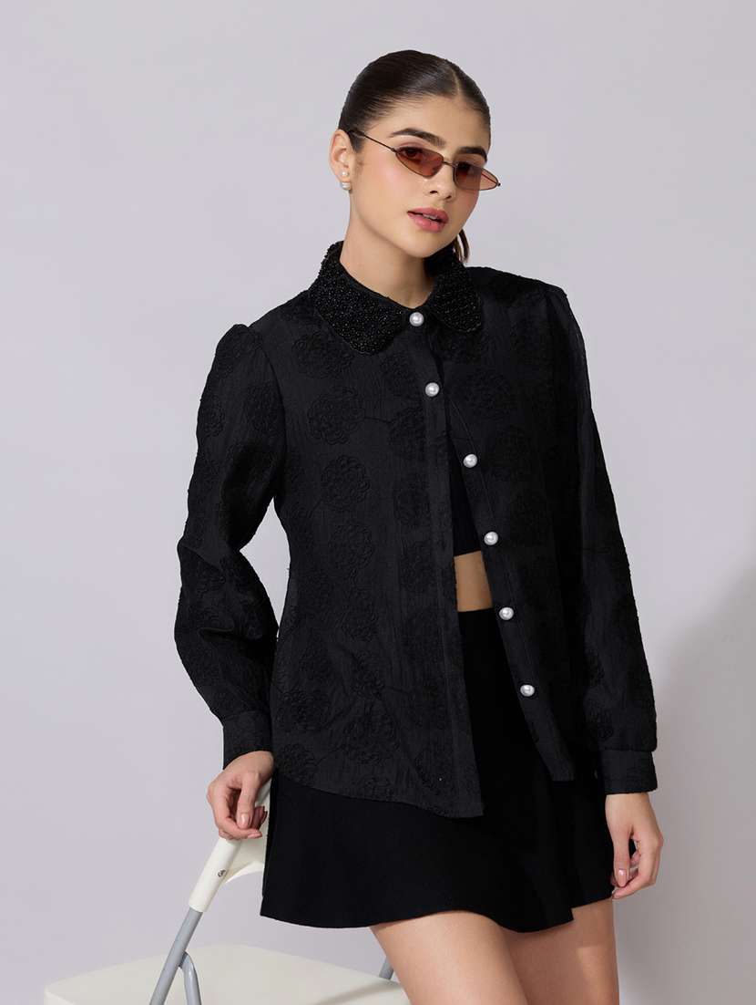 women embroidered collared long sleeve shirt