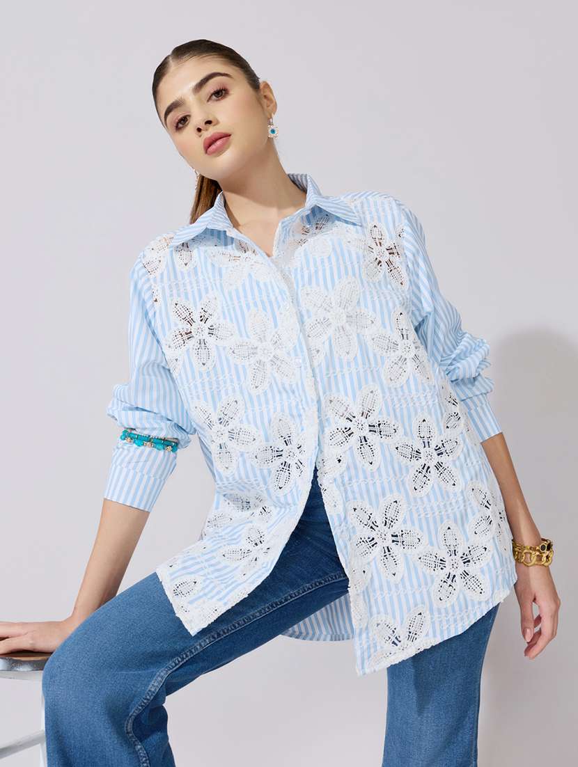 women embroidered collared long sleeve shirt