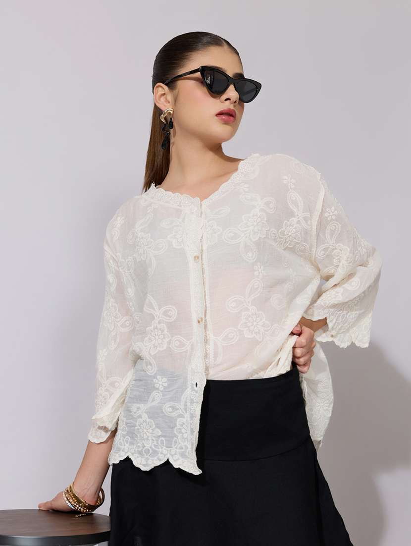 women embroidered collared long sleeve shirt