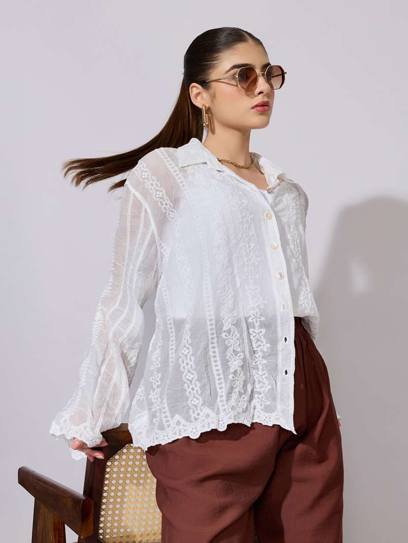 women embroidered collared long sleeve shirt