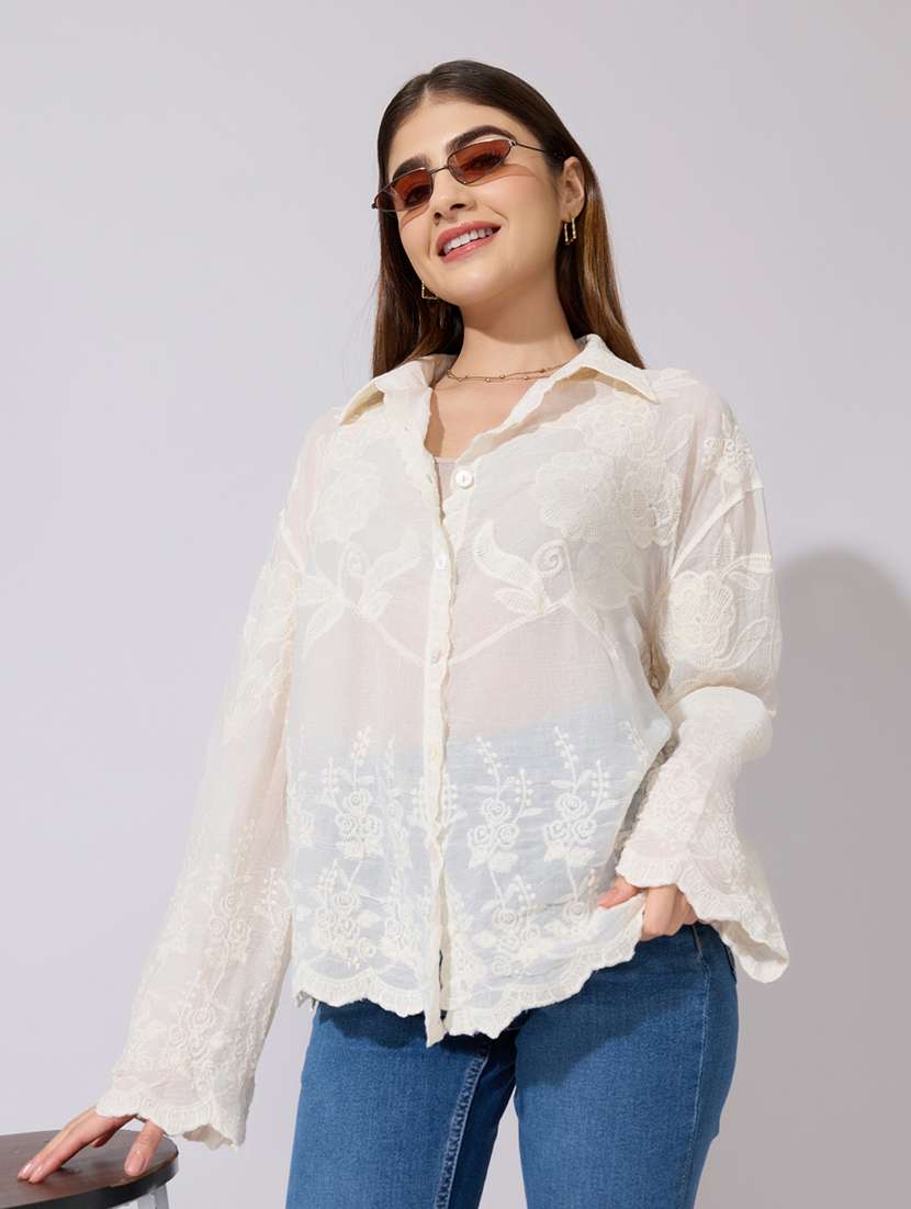 women embroidered collared long sleeve shirt