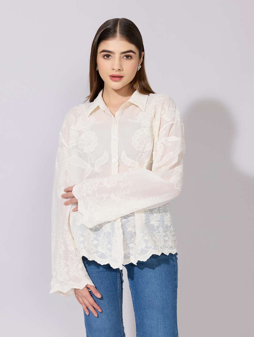 women embroidered collared long sleeve shirt - 22381141 -  Standard Image - 3