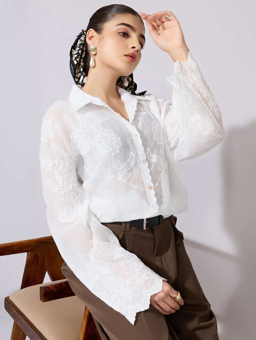 women embroidered collared long sleeve shirt