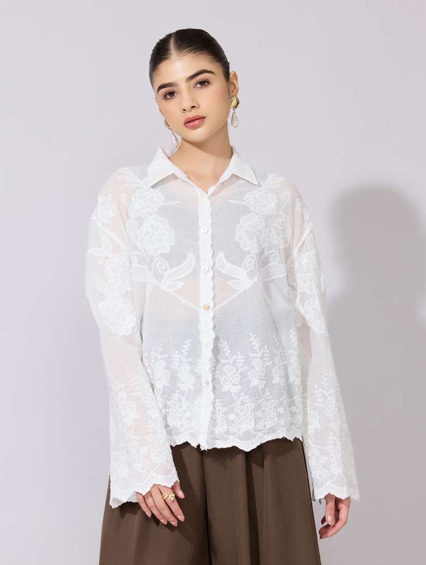 women embroidered collared long sleeve shirt - 22381142 -  Standard Image - 3