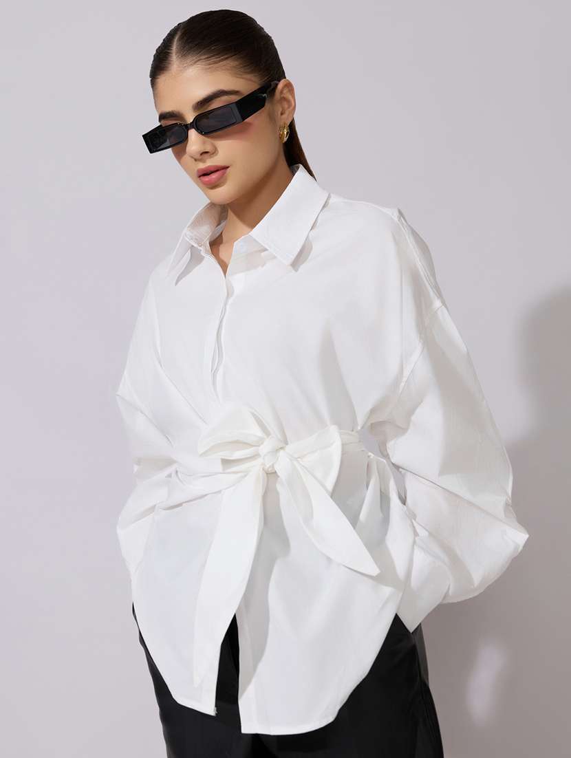 women collared puff sleeve wrap style oversized shirt