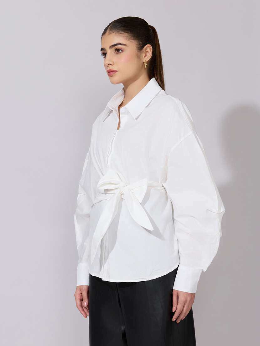 women collared puff sleeve wrap style oversized shirt - 22381144 -  Standard Image - 3