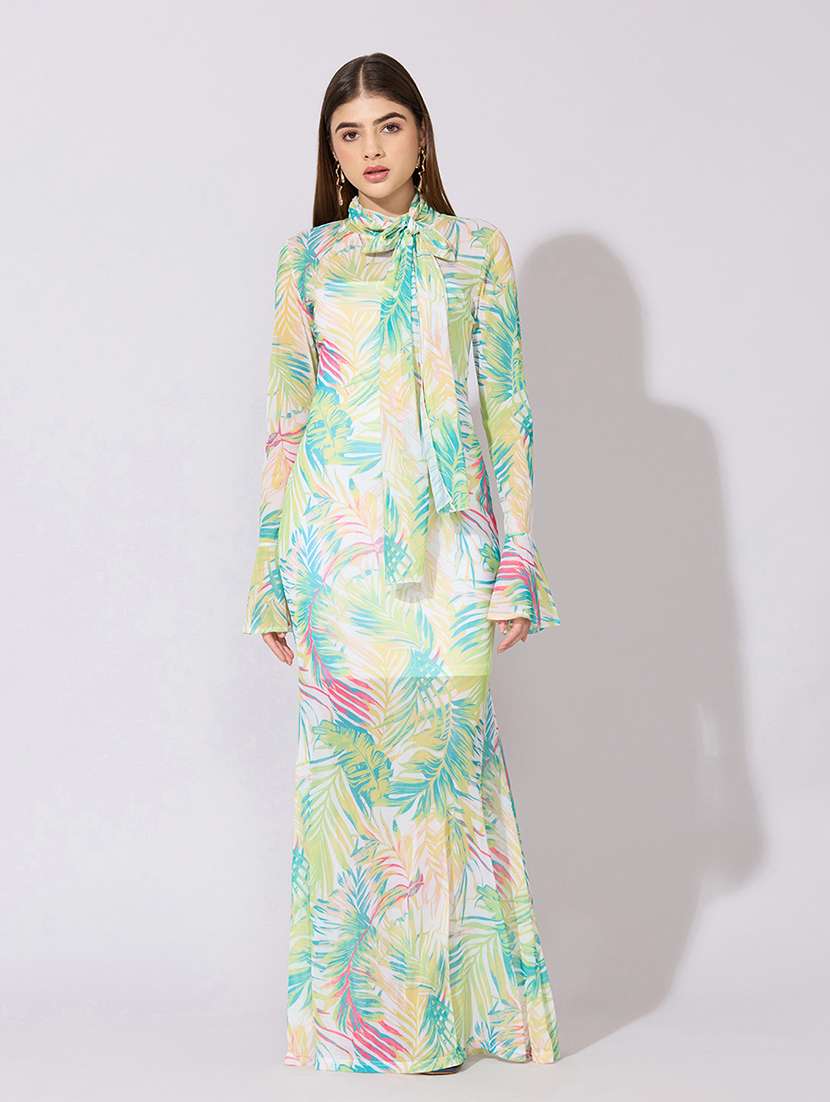 women printed bell sleeve bodycon dress with slip