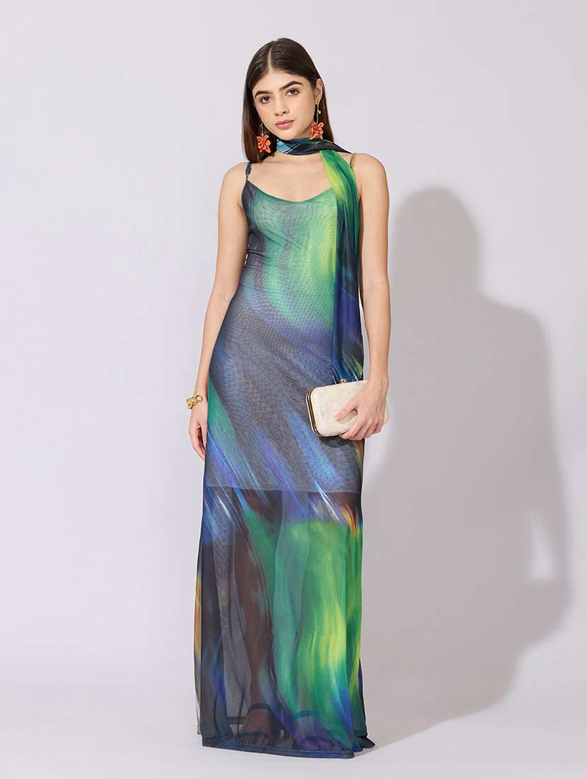 women printed shoulder strap mesh dress  with neck tie