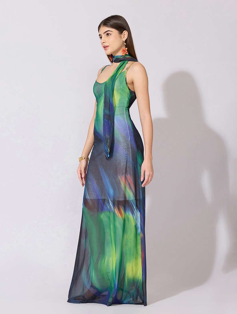 women printed shoulder strap mesh dress  with neck tie - 22381151 -  Standard Image - 3