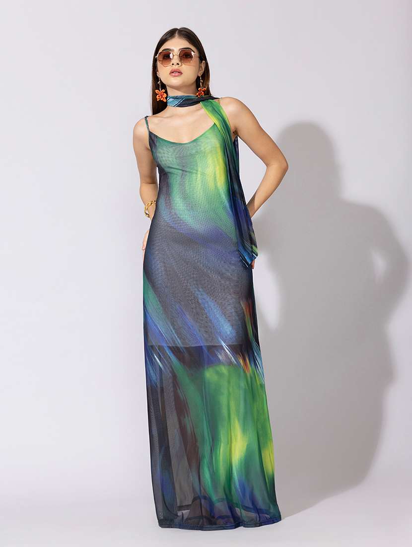 women printed shoulder strap mesh dress  with neck tie - 22381151 -  Standard Image - 5
