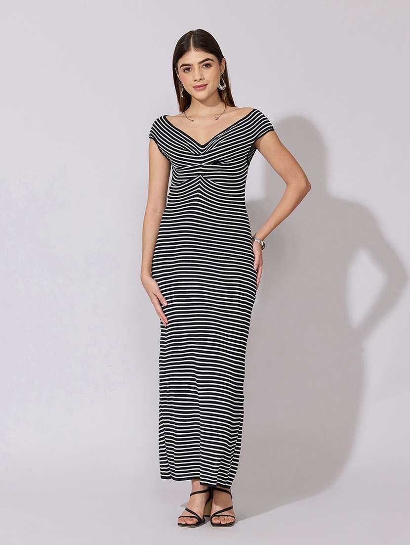 women striped off shoulder bodycon dress